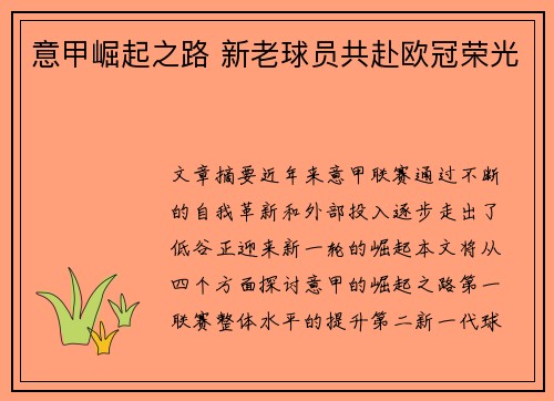意甲崛起之路 新老球员共赴欧冠荣光